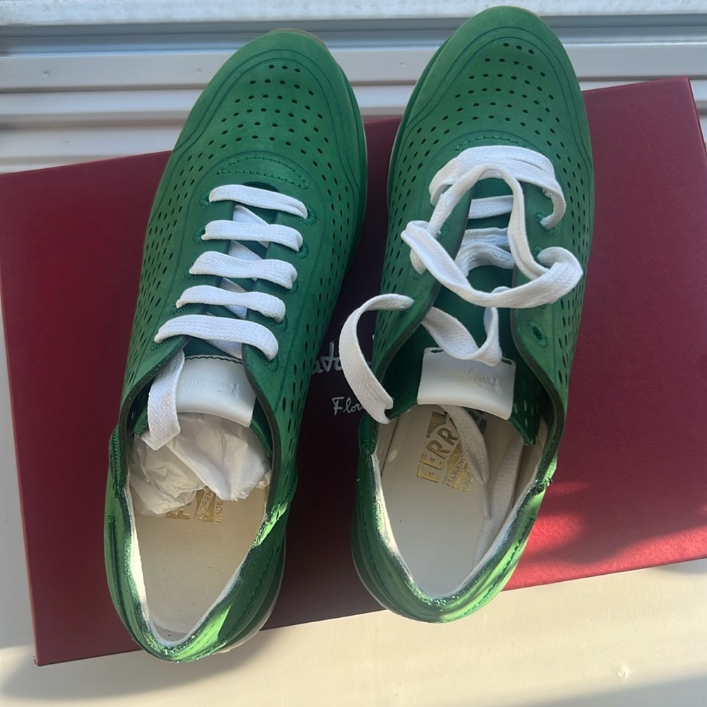 Salvatore Ferragamo Amazzonia Nabuck Calf Grigio Fabric Green Sneakers Size 7